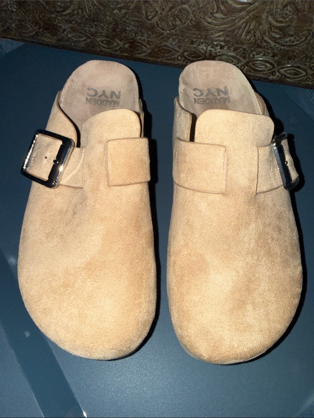 Madden NYC platform Suede Slide Clogs with Buckle - Tan